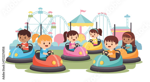 Adobe illustrator artwork vector illustration of cheerful children enjoying bumper cars at an amusement park with Ferris wheels and tents in the background. Fun-filled carnival game for kids