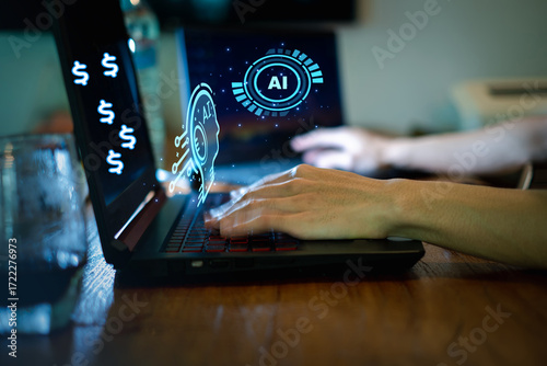 Wallpaper Mural Creator Surrounded by Dollar Icons on Glowing Laptop, Passive Income Concept with Copy space, AI make money online concept.AI invesment trends Torontodigital.ca