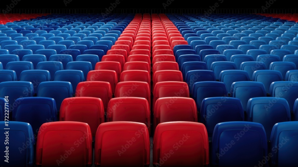Naklejka premium Rows of Red and Blue Stadium Seats in Perfect Alignment for Sporting Event or Concert Atmosphere