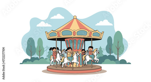 Adobe illustrator artwork vector illustration of children riding a colorful carousel at an amusement park. Features roller coasters and Ferris wheels in the background. Classic carnival fun