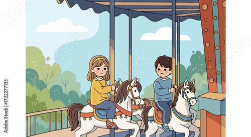 Adobe illustrator artwork vector illustration of children riding a colorful carousel at an amusement park. Features roller coasters and Ferris wheels in the background. Classic carnival fun
