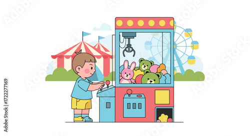 Adobe illustrator artwork vector illustration of a happy boy playing a claw machine at an amusement park. The background features a Ferris wheel and a roller coaster. Fun arcade game