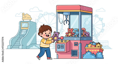 Adobe illustrator artwork vector illustration of a happy boy playing a claw machine at an amusement park. The background features a Ferris wheel and a roller coaster. Fun arcade game