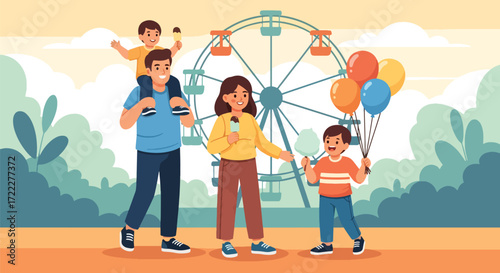 Adobe illustrator artwork vector illustration of a happy family enjoying a day at an amusement park. Dad carries a child, mom eats ice cream, and a girl holds balloons and cotton candy