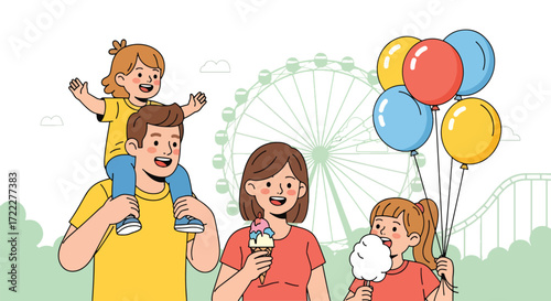 Adobe illustrator artwork vector illustration of a happy family enjoying a day at an amusement park. Dad carries a child, mom eats ice cream, and a girl holds balloons and cotton candy