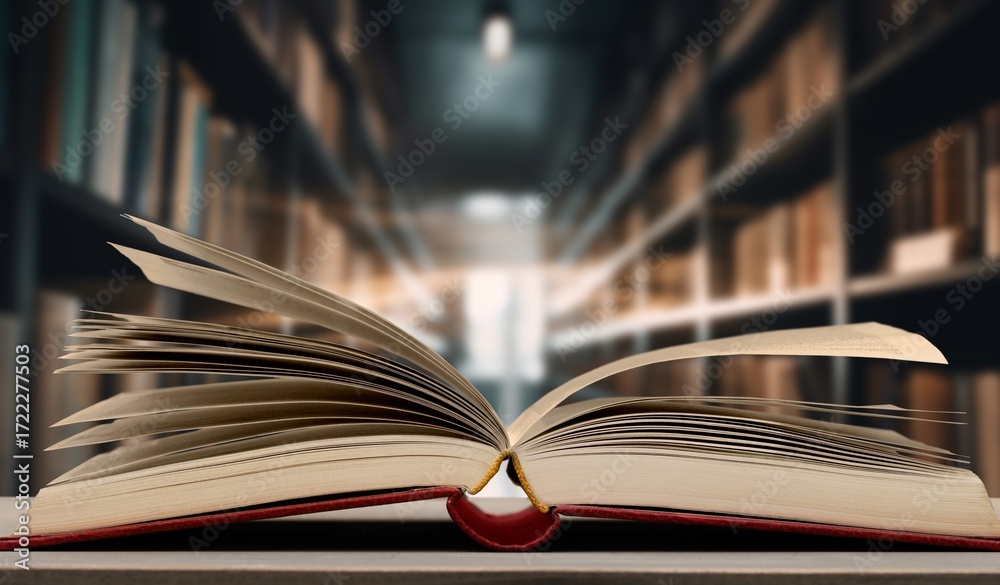 Fototapeta premium Opened reading book on library bookshelf