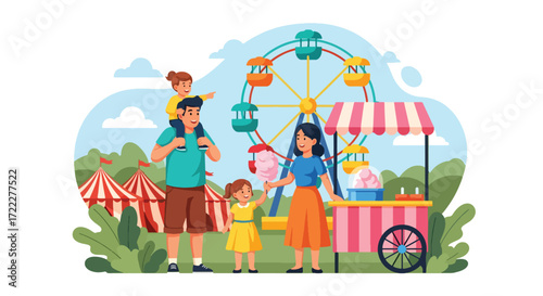 Adobe illustrator artwork vector illustration of a happy family enjoying a day at an amusement park. Dad carries a child, mom eats ice cream, and a girl holds balloons and cotton candy