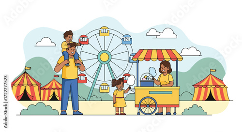 Adobe illustrator artwork vector illustration of a happy family enjoying a day at an amusement park. Dad carries a child, mom eats ice cream, and a girl holds balloons and cotton candy
