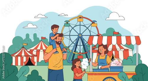 Adobe illustrator artwork vector illustration of a happy family enjoying a day at an amusement park. Dad carries a child, mom eats ice cream, and a girl holds balloons and cotton candy