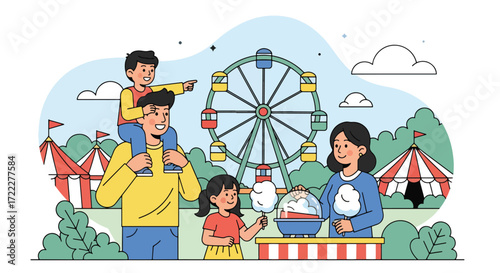 Adobe illustrator artwork vector illustration of a happy family enjoying a day at an amusement park. Dad carries a child, mom eats ice cream, and a girl holds balloons and cotton candy