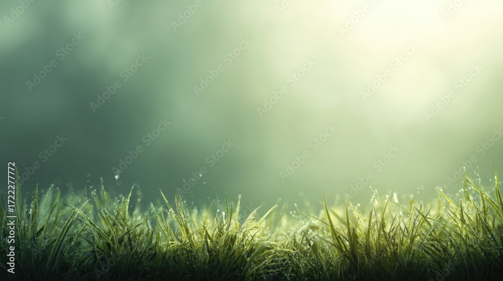 Fototapeta premium Lush Green Grass with Dew Drops Under Soft Morning Light in a Serene Natural Setting