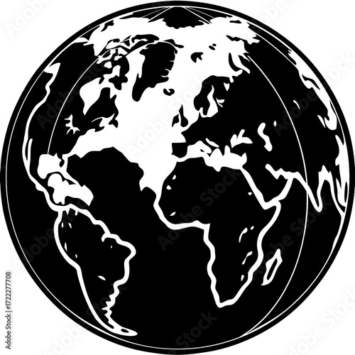 Stylized black and white graphic illustration of the planet earth showing continents and oceans