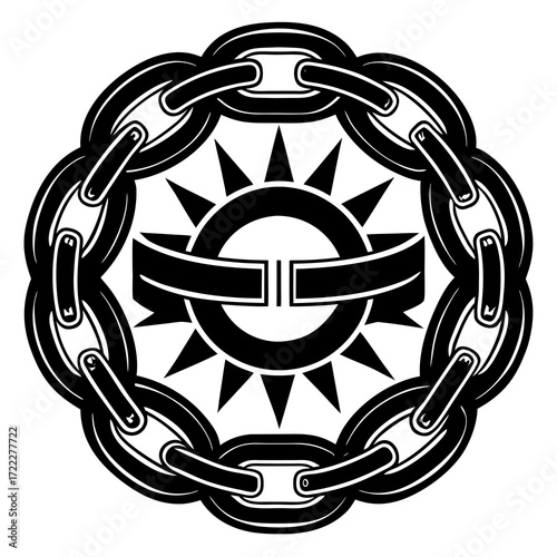 Circular emblem featuring a sunburst and ribbon encircled by a thick chain link border