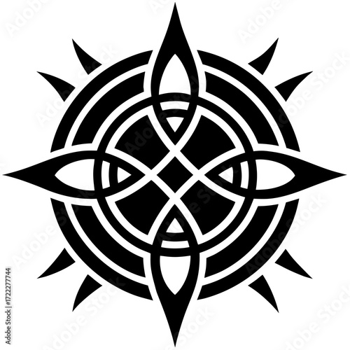 Intricate celtic knot design with starburst elements and circular patterns in black and white