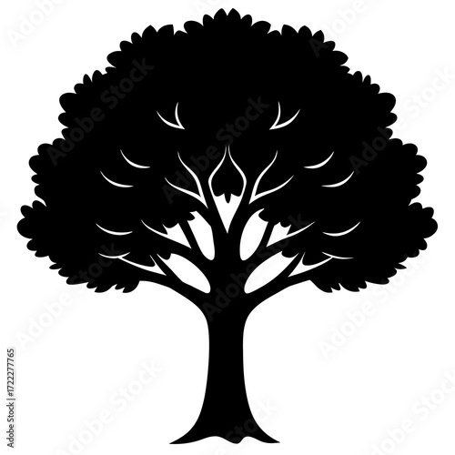 Stylized black silhouette of a lush deciduous tree with detailed branches and leafy canopy