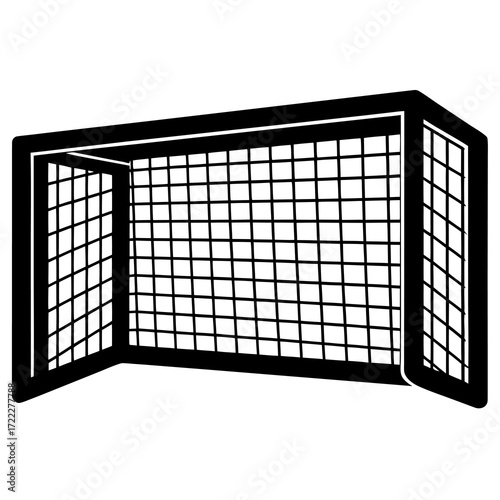 Black silhouette of a soccer goal net with a white background