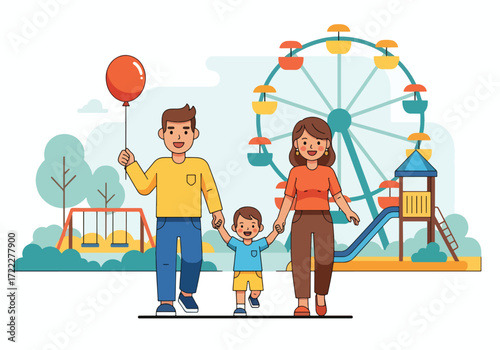 Adobe illustrator artwork vector illustration of a happy family, parents and child, walking together at an amusement park. Features a Ferris wheel, roller coaster, swings, and a slide