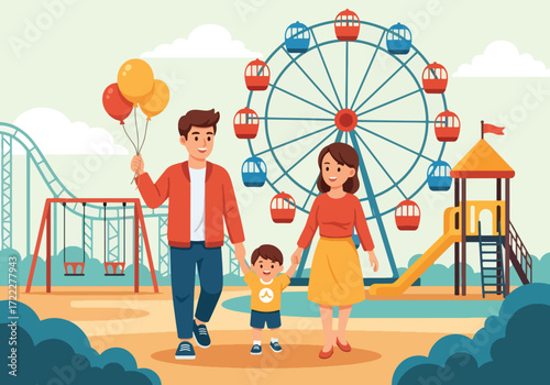 Adobe illustrator artwork vector illustration of a happy family, parents and child, walking together at an amusement park. Features a Ferris wheel, roller coaster, swings, and a slide
