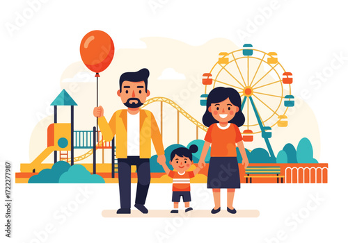 Adobe illustrator artwork vector illustration of a happy family, parents and child, walking together at an amusement park. Features a Ferris wheel, roller coaster, swings, and a slide