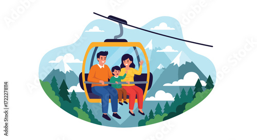 Adobe illustrator artwork vector illustration of a happy family riding a cable car in the mountains. Parents and child enjoy scenic views of snow-capped peaks and green forests