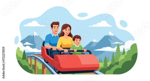 Adobe illustrator artwork vector illustration of a happy family riding a roller coaster at an amusement park. Parents and child enjoy the thrilling ride with mountains and trees in the background