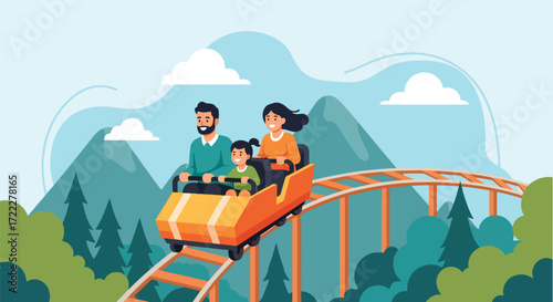 Adobe illustrator artwork vector illustration of a happy family riding a roller coaster at an amusement park. Parents and child enjoy the thrilling ride with mountains and trees in the background