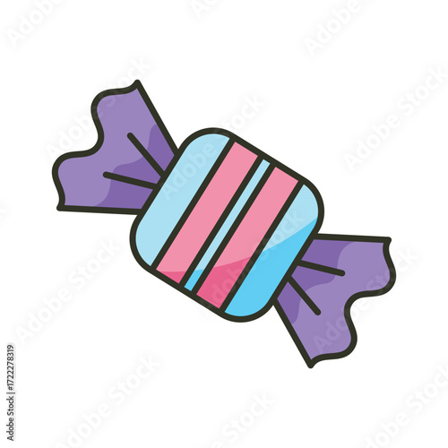 A wrapped candy with pink and blue stripes on a white background