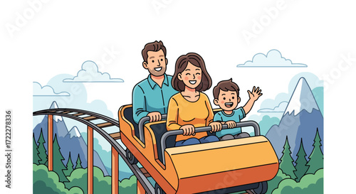 Adobe illustrator artwork vector illustration of a happy family riding a roller coaster at an amusement park. Parents and child enjoy the thrilling ride with mountains and trees in the background