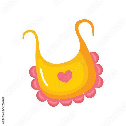 A yellow bib with a pink heart and a pink scalloped edge