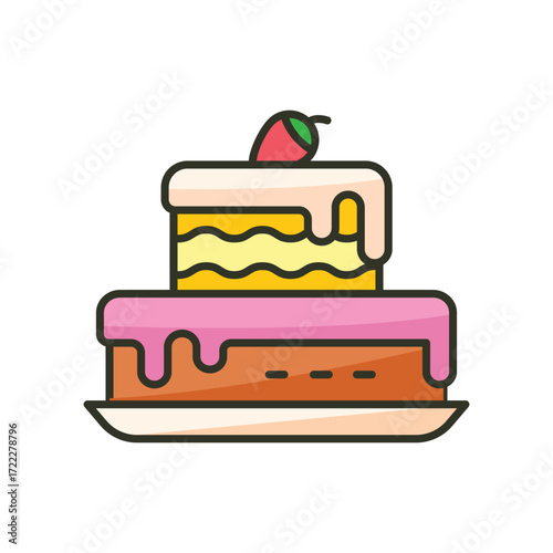 A twotiered cake with pink and white frosting topped with a strawberry