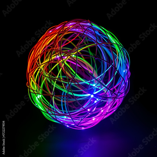 A colorful, illuminated sphere made of intertwined wires, set against a dark background, creating an intriguing visual effect.