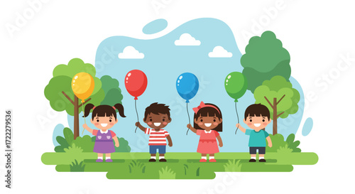 Adobe illustrator artwork vector illustration. Four diverse, happy children holding colorful balloons in a lively outdoor setting, symbolizing celebration and childhood joy