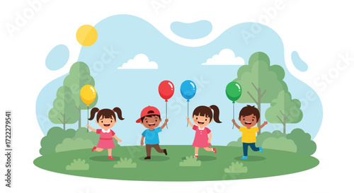 Adobe illustrator artwork vector illustration. Four diverse, happy children holding colorful balloons in a lively outdoor setting, symbolizing celebration and childhood joy
