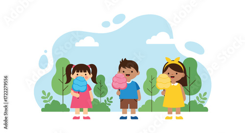 Adobe illustrator artwork vector illustration. Three happy children enjoying colorful cotton candy outdoors, capturing sweet moments of childhood fun and treats. Ideal for themes of fairs, festivals