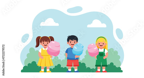 Adobe illustrator artwork vector illustration. Three happy children enjoying colorful cotton candy outdoors, capturing sweet moments of childhood fun and treats. Ideal for themes of fairs, festivals