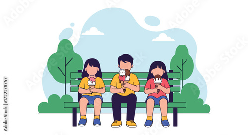 Adobe illustrator artwork vector illustration. Three diverse children happily eating ice cream on a park bench, reflecting summer joy and friendship. Perfect for themes of childhood, treats