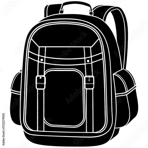 Black silhouette of a classic backpack with straps and buckles on a white background