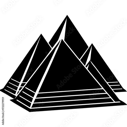 Stylized black silhouette of egyptian pyramids against a white background