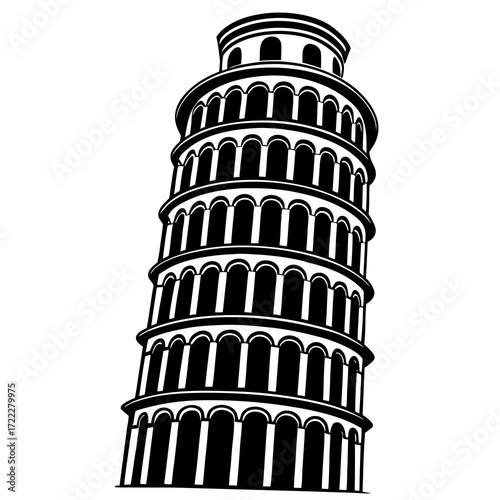 Stylized black and white illustration of the leaning tower of pisa against a white background