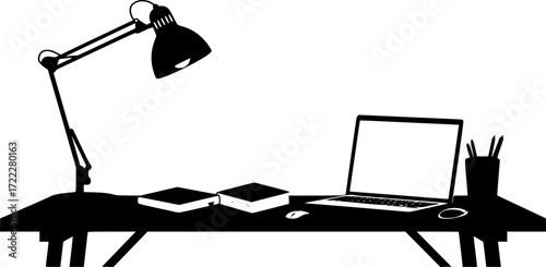 black and white silhouette of a desk vector on a white background
