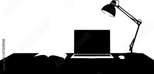 black and white silhouette of a desk vector on a white background
