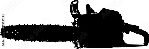 black and white silhouette of a chainsaw machine on a white background
