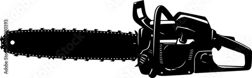 black and white silhouette of a chainsaw machine on a white background
