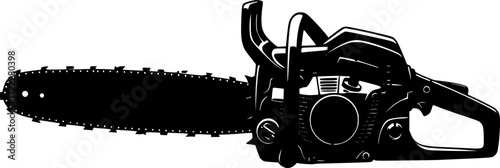 black and white silhouette of a chainsaw machine on a white background
