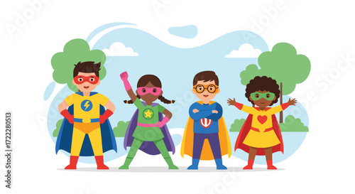 Adobe illustrator artwork vector illustration. Four diverse superhero kids with capes and masks, ready for action against a park-like background. Ideal for themes of childhood, power, and imagination.