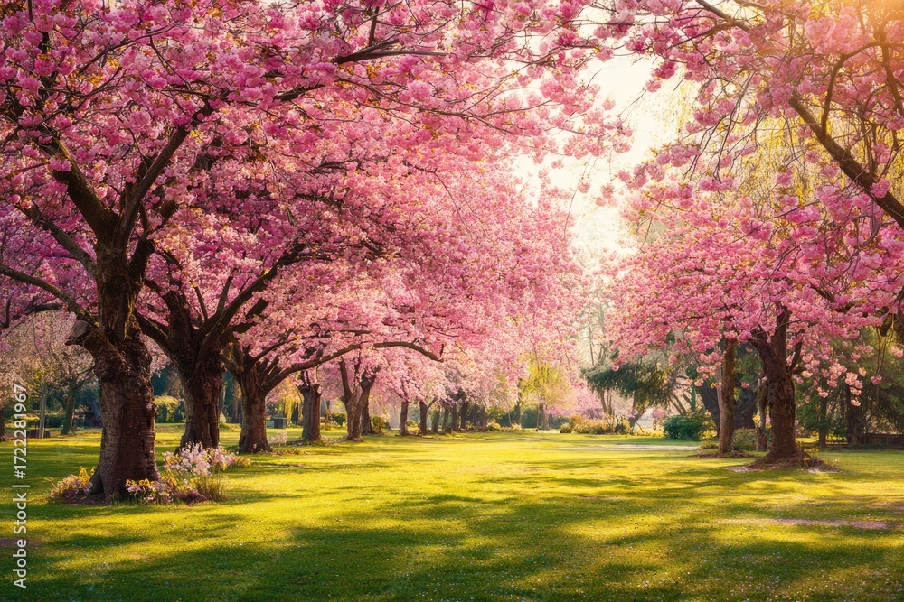 Obraz premium Lush springtime park filled with blossoming cherry trees.