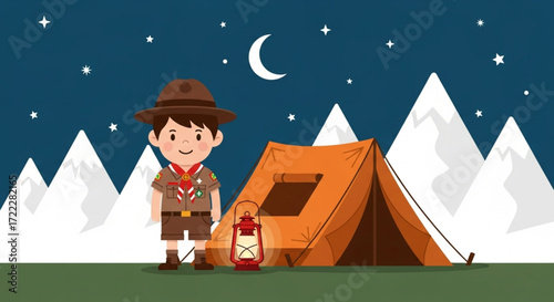 World Scout Day , the birthday of the Father of World Scouting Boy Scout Camping Adventure with Tent and Lantern Under Starry Night Sky