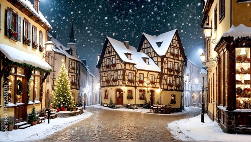 Magical snowy evening in a charming European village square adorned with festive Christmas lights and decorations