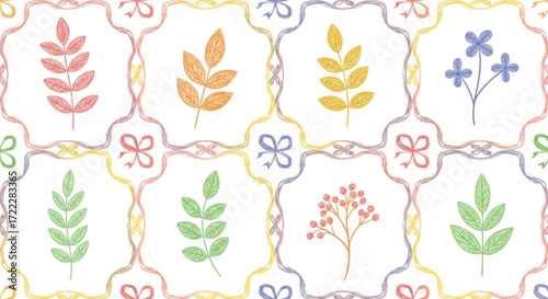 leaves botanical seamless pattern featuring hand-drawn foliage and flowers within a colorful ribbon lattice. A charming and gentle nature background