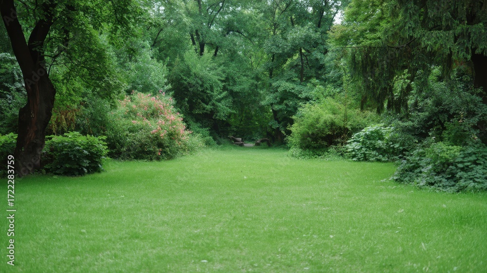 Obraz premium Lush Green Pathway Surrounded by Dense Foliage and Vibrant Flora in Tranquil Nature Reserve Setting